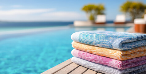 Vibrant towels are neatly stacked on wooden decking beside a sparkling blue pool, inviting guests to unwind. The clear sky and tranquil scenery emphasize a perfect day for leisure and relaxation.