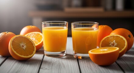 Two glasses of orange juice, surrounded by fresh oranges on a light-grey wooden table
