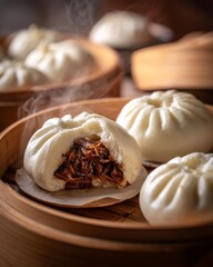 Fototapeta premium Steamed Bao Buns with Filling in Bamboo Steamers