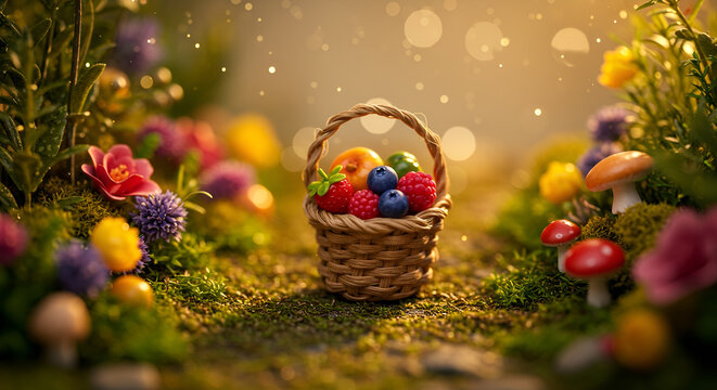 Tiny basket with miniature fruits styled like a fairy tale scene