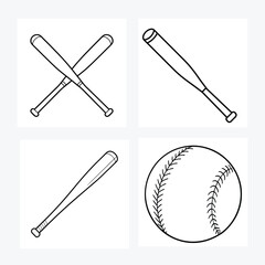 Baseball and Bat Outline Vector Simple Black and White Sports Equipment Illustration 