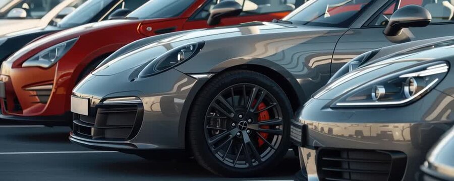 Lineup of luxury sports cars parked in outdoor lot