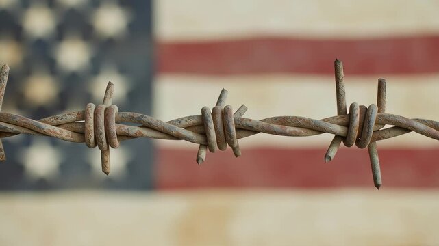A barbed wire fence is wrapped around a red, white, and blue American flag. The fence is old and rusted, and the wire is twisted and bent. Concept of confinement and restriction