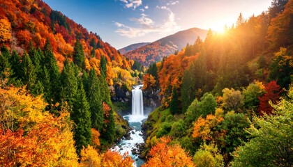 Autumn waterfall in a vibrant forest valley at sunrise