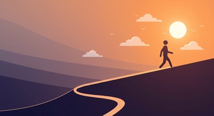 Fototapeta premium Path to Success: Stick Figure Walking Towards Sun, Representing Journey and Achievement