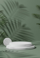 White circular podiums against a muted green backdrop with tropical foliage shadows.