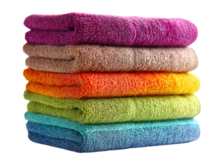 Colorful cotton towels stacked for home decor product photography. Isolated on transparent background, png.