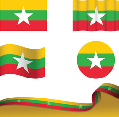 
Set of Myanmar waving flag on isolated background vector illustration.  green yellow Burma rectangle, wavy and circle flag as a patriotic symbol.
