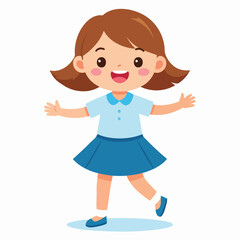 Happy little girl in blue school uniform joyfully stands with arms outstretched.