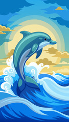 Fototapeta premium Joyful dolphin leaping through ocean waves under a sunny sky