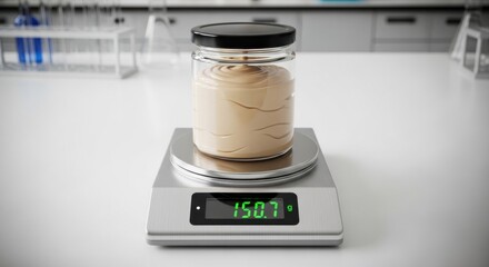 Jar of beige cream sits on digital scale in bright, sterile lab