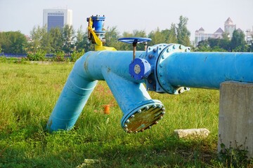 Blue Water equipment and pipeline. water pipe steel system. Valves at gas plant, Pressure safety...