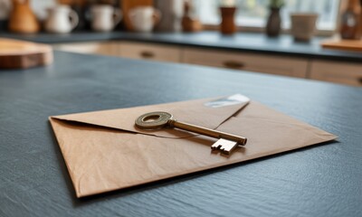 Key resting on an envelope on a kitchen countertop