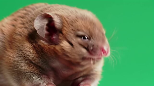Close-up Portrait of a Small Brown Hamster or Rodent Against a Vibrant Green Studio Background for Easy Compositing