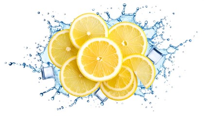 Refreshing Lemon Slices with Water Splash and Ice Cubes on White Background