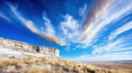 Fototapeta premium A colorful storm sky over a high plateau, crisp air,