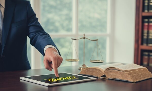 Lawyer reviews contract on tablet, scales nearby
