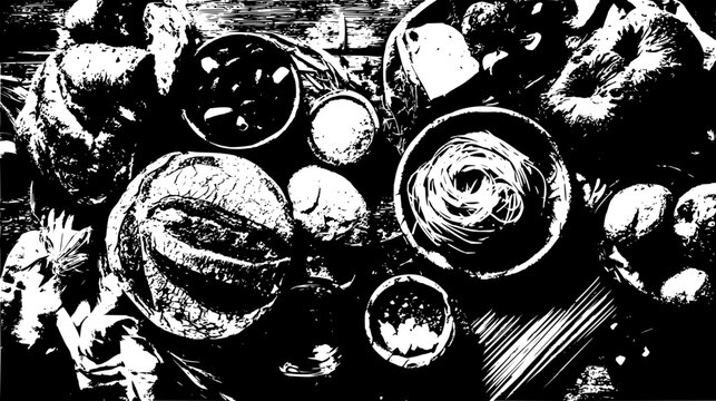 Overhead shot of various bowls containing food items including bread pasta and other dishes on a table top