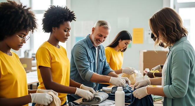 Volunteers sorting donated clothing.