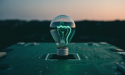 Lit bulb on circuit board, sunset-like sky