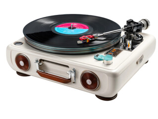 Vintage record player showcase home product photography stylish. Isolated on transparent background, png.