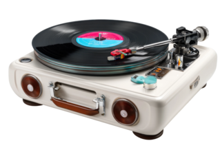 Vintage record player showcase home product photography stylish. Isolated on transparent background, png.