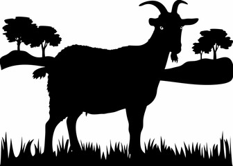 Silhouette of a goat standing in grass with trees on hills