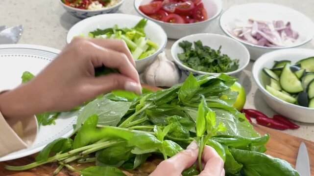 Hands Picking Fresh Basil and Celery for Thai Cooking