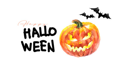 Halloween poster with pumpkin. Watercolor hand drawn vector illustration. Greeting design for holiday cards, posters, kids party decor.