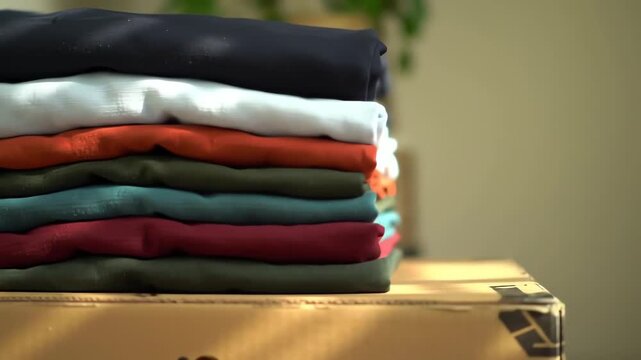 Neatly folded stack of colorful shirts organized in a pile on a vintage box with warm sunlight