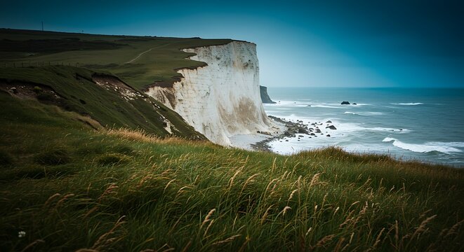 The majestic white cliffs of the English coast dramatically meet the deep blue sea, with windswept green grasses in the foreground, creating a striking and rugged coastal landscape.


