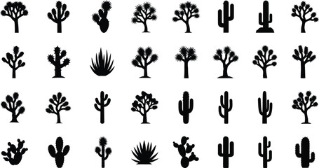 Naklejka premium Collection of a Variety of Silhouette Cacti and Desert Plants, Including Joshua Trees, Saguaro