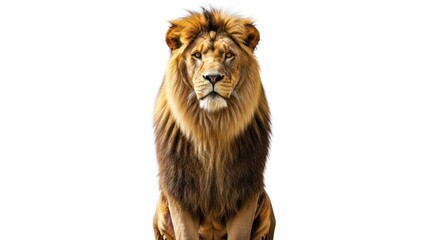 Obraz premium Majestic lion, regal pose, intense gaze, tawny mane, isolated on white