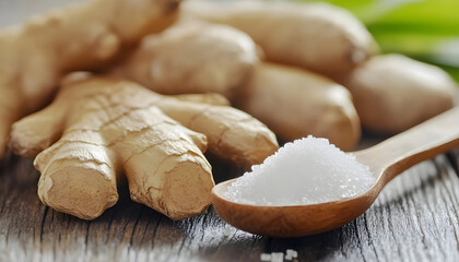 Fototapeta premium Fresh ginger and a wooden spoon of sugar on a wood surface representing healthy eating