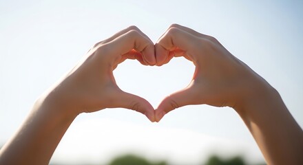 Obraz premium Hands forming a heart shape against a bright sky.