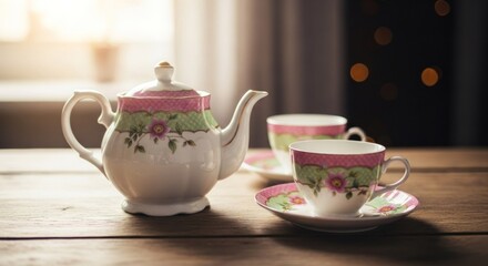 Fototapeta premium Vintage tea set on a wooden table by a window