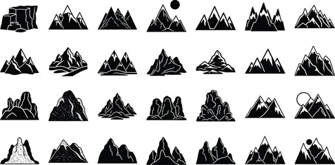 Collection of Minimalist Mountain Icons Featuring Various Peak Shapes, Rock Formations, and Atmospheric Elements like Sun and Snow