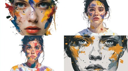 Four portraits show a woman with paint splatters on her face; vibrant, expressive art