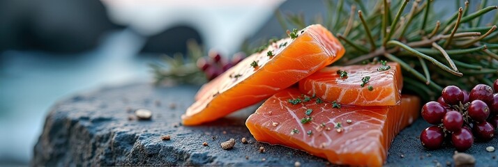 Fresh slices of salmon with herbs and berries on stone surface