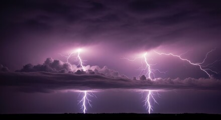 Dramatic purple sky illuminates with powerful lightning strikes over dark landscape