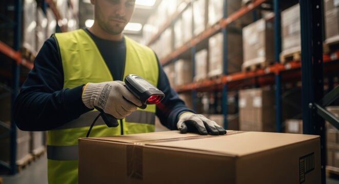 Warehouse worker scanning a cardboard box - Powered by Adobe