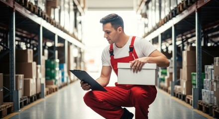Warehouse worker in red overalls, crouched, reviewing paperwork and box