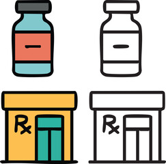Two medicine vial illustrations and two pharmacy building drawings, color and outline.