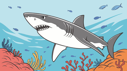 Fototapeta premium Cartoon shark swimming in the ocean with small fish and coral