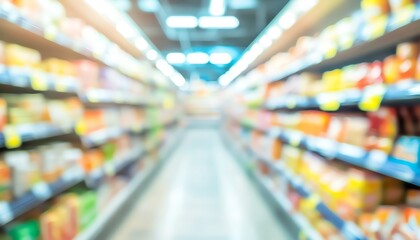 Fototapeta premium Blurred grocery aisle with colorful products.