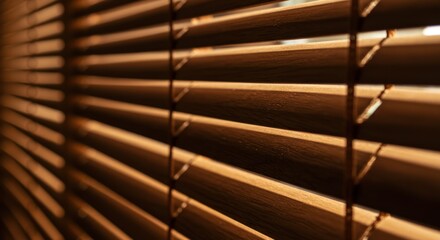 Warm light filters through partially closed wooden blinds, creating a textured pattern of light and shadow.