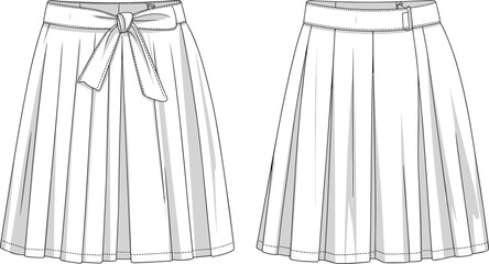 CAD drawing flat vector illustration, pleated skirt fashion sketch, bow detail front design, garment technical template, sewing pattern, apparel layout