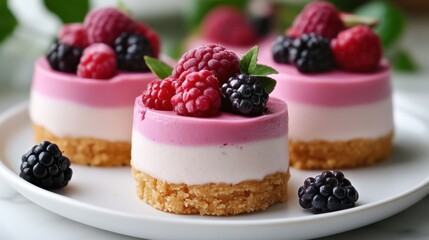 Delicious berry cheesecake desserts with fresh raspberries and blackberries for special occasions. Mini Yogurt Cheesecakes