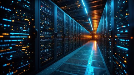 Fototapeta premium Highly advanced server room with illuminated data center equipment in operation