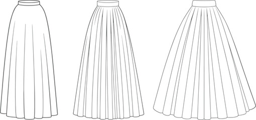 CAD drawing flat vector illustration, long skirt fashion design, pleated skirt front back views, technical sketch, sewing pattern layout